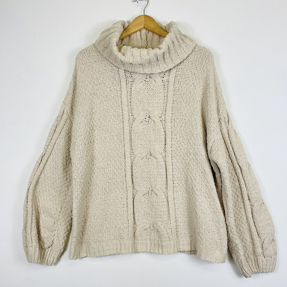 Seven Sweater Women Large Beige Chunky Knit Fisherman Nautical Oversized Rory